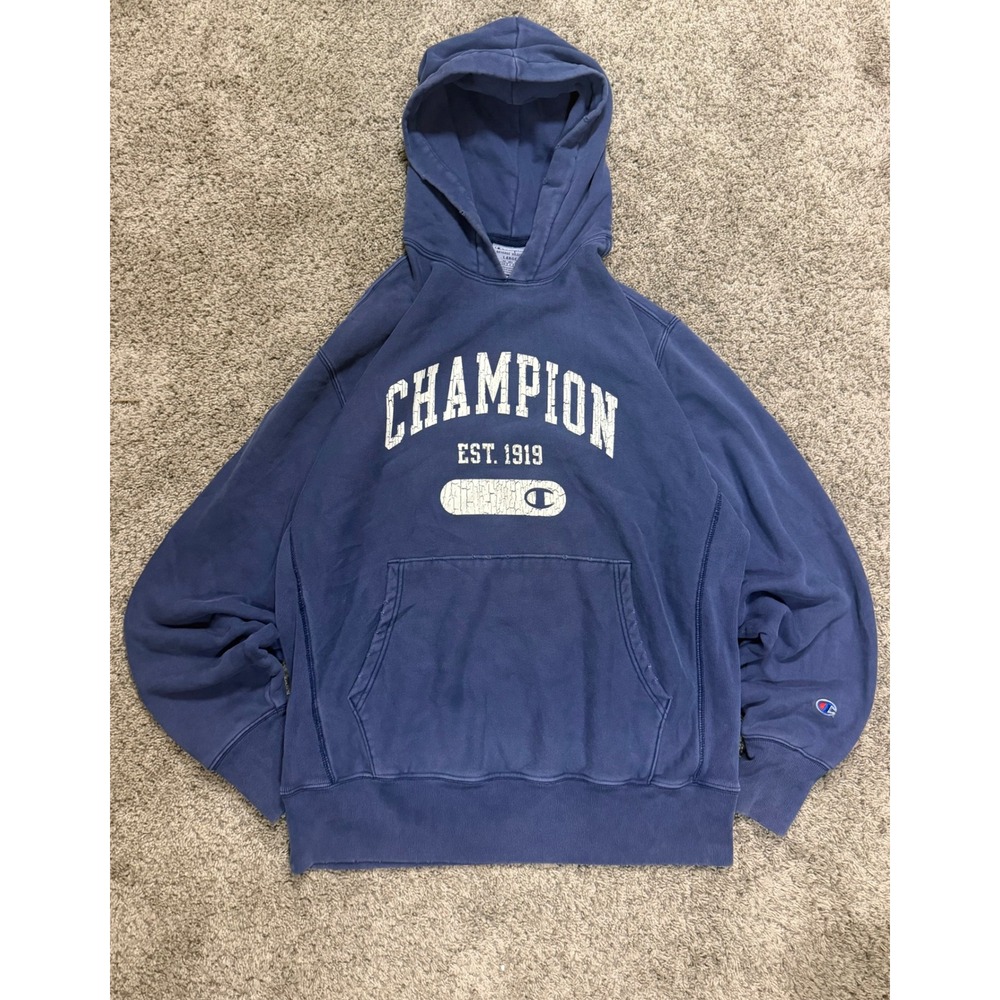 Champion Reverse Weave Hoodie Blue Distressed Graphic Sweatshirt Mens Large